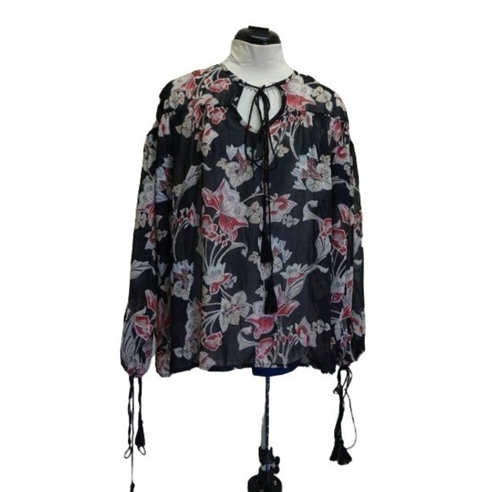 Madisonne, Macy's boho tassel long sleeve poet top L black, pink